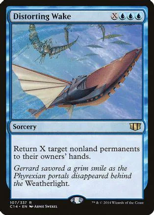 Blue and white Magic: The Gathering card, Distorting Wake, featuring a large sea creature.