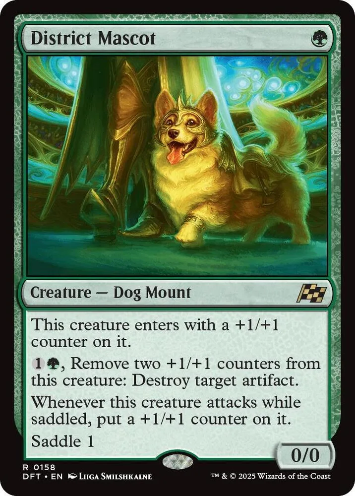 Yellow dog creature card art, District Mascot, green mana symbol, 0/0 power.