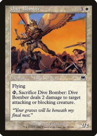 Creature card art: winged warrior attacking figures in an orange sky.