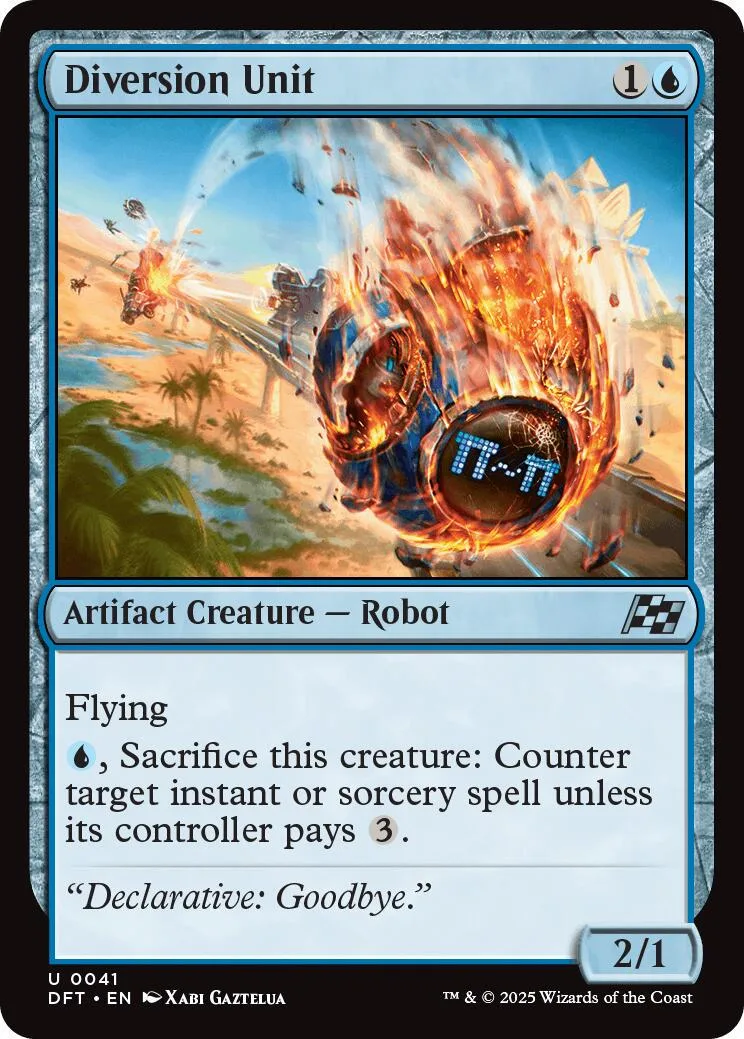 Robot creature card art showing fiery explosion over desert landscape.