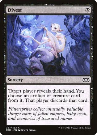 Blue and white card art featuring a white creature above a dark figure.
