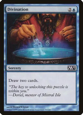 Card art: bearded man over glowing blue scrying bowl. Sorcery spell.