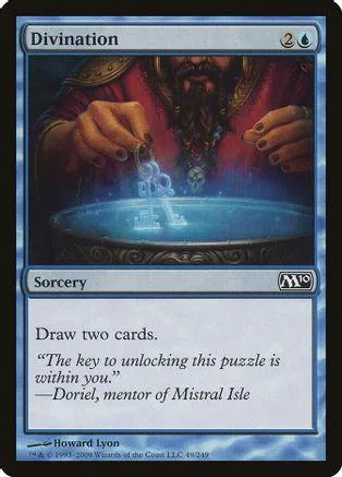 Mystical scene with bearded figure over glowing blue pool. Divination sorcery card.