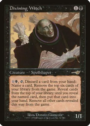 Dark-robed figure holding cards, on a black card with white text.