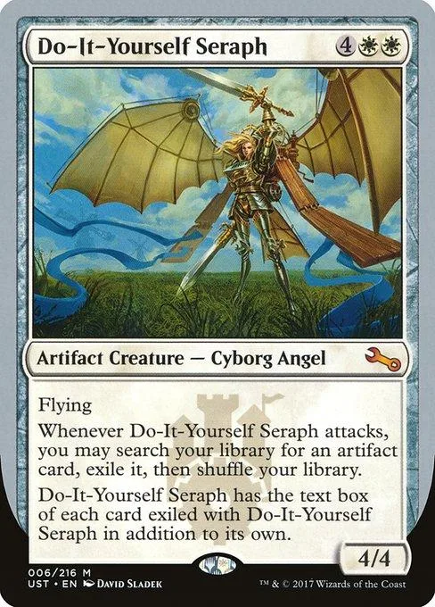 Cyborg angel card art, gold and blue tones, showing winged figure in field.