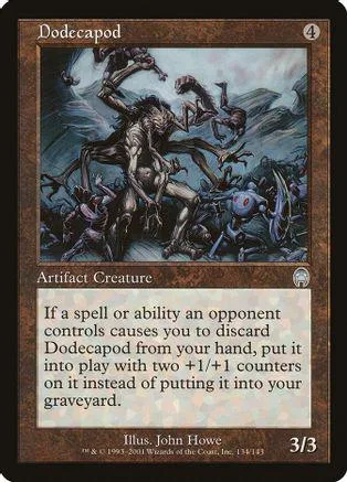 Dark fantasy creature card art, showing monstrous figures battling in a bleak landscape.