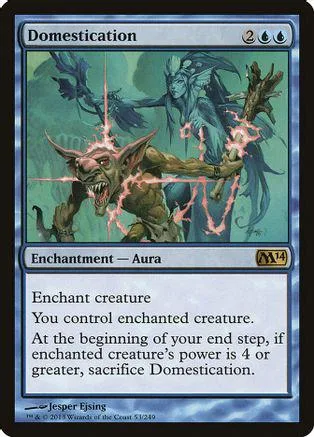 Green and blue Magic: The Gathering card, "Domestication," showing a monstrous creature.