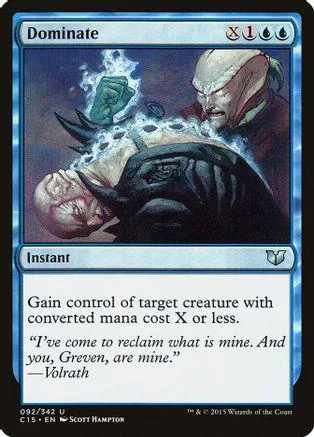 Dark fantasy creature attacks, white-haired figure looms over it. Blue and black card.