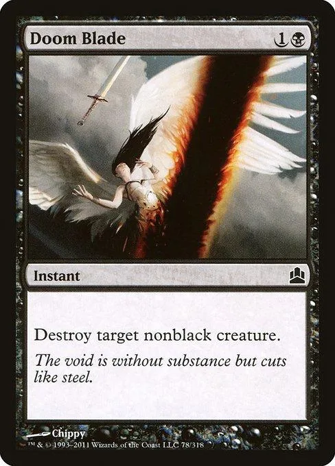 Winged figure with sword against dark, fiery background on Doom Blade card.