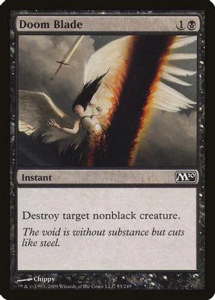 Winged figure with sword against dark background on Doom Blade Magic card.