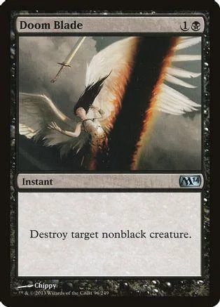 Black and white winged figure with sword against dark background on Magic card.