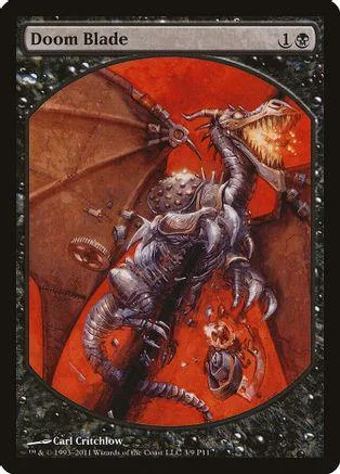 Dark, armored creature on a fiery red background, Doom Blade Magic: The Gathering card.