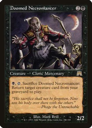 Necromancer creature card art, dark tones, showing a robed figure with a staff.
