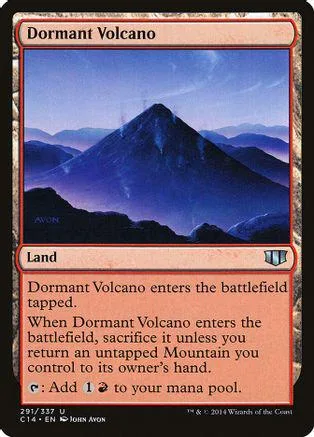 Blue and purple volcanic mountain landscape on a Magic: The Gathering card.
