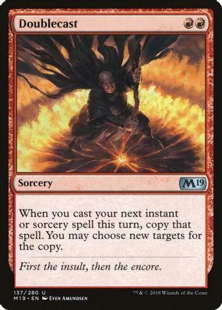 Doublecast Magic: The Gathering card, dark figure against fiery orange background.