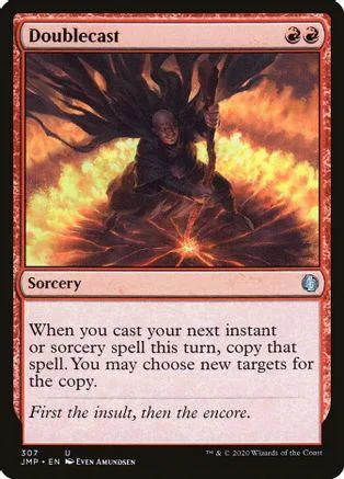 Dark, winged figure in fiery scene on a Doublecast Magic card.