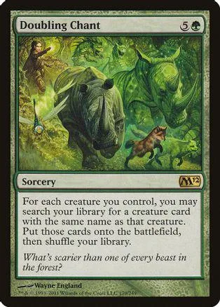 Green jungle scene with large beasts and a small dog on a Magic: The Gathering card.