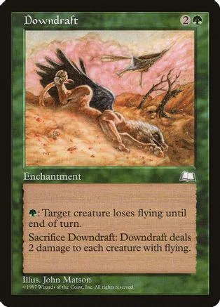 Fantasy scene of a large bird over a landscape, showing the "Downdraft" card.