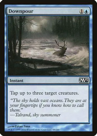 Magic: The Gathering card, Downpour, dark forest scene, blue and black colors.