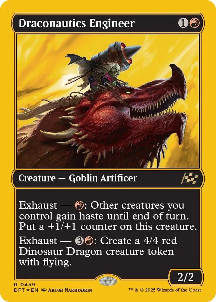 Goblin artificer on a red dragon, yellow and orange background, Magic: The Gathering card.