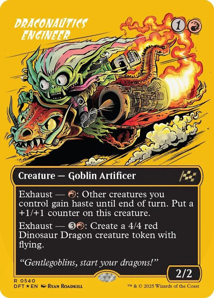 Green goblin artificer creature on yellow card with fiery dragon vehicle.