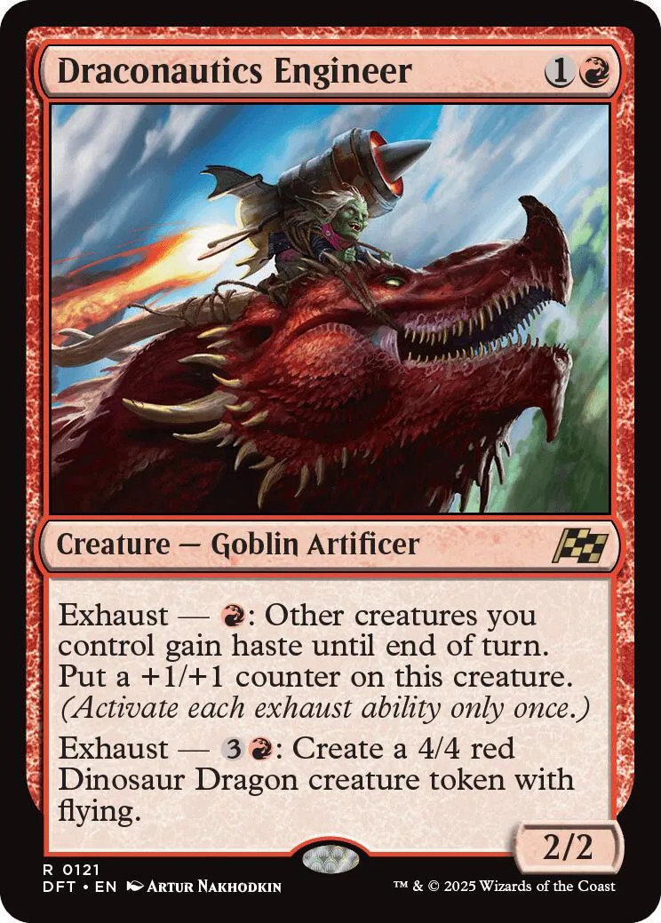 Goblin artificer riding a large red dragon on a Magic: The Gathering card.