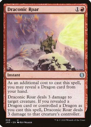 Magic: The Gathering card, Draconic Roar, featuring a figure on a snowy mountain.