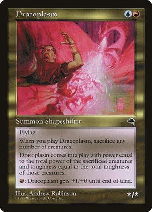 Red and white fantasy art card, Dracoplasm, in a black frame.