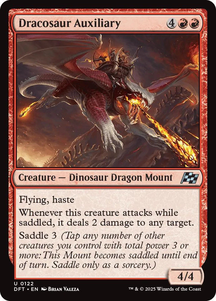 Dark dragon mount on a fiery landscape, red and black card art.