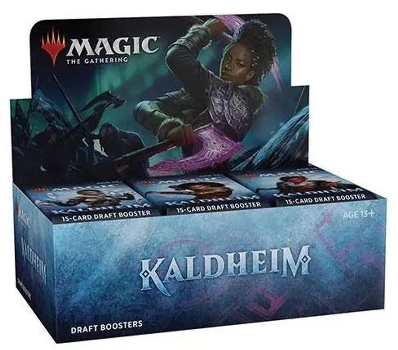 Magic: The Gathering Kaldheim draft booster box with art featuring a woman.