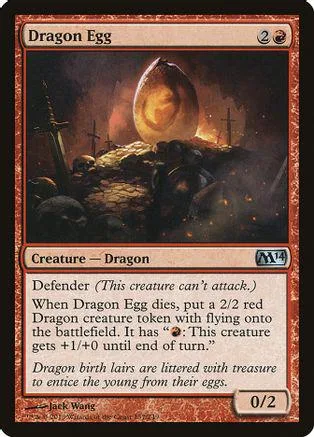 Dragon Egg card art shows glowing egg on rocky terrain, dark fantasy scene.