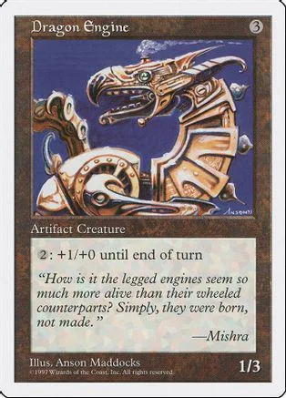 Mechanical dragon construct in blue and gold, Magic: The Gathering card.