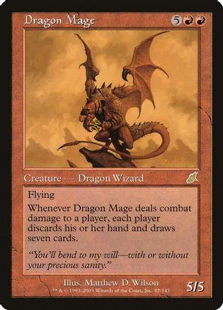 Brown dragon mage with wings on a tan background. Card art.