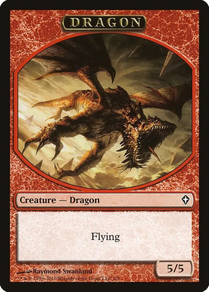 Dark dragon creature art on a card with "Flying" ability listed.