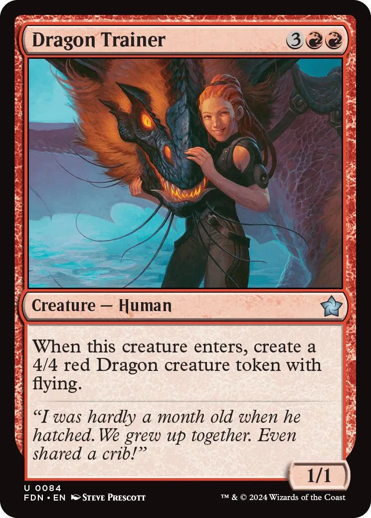 Dragon Trainer card art: woman with large, dark dragon in a fantasy setting.
