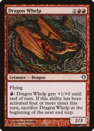 Orange and black dragon creature card art, "Dragon Whelp," with text box.