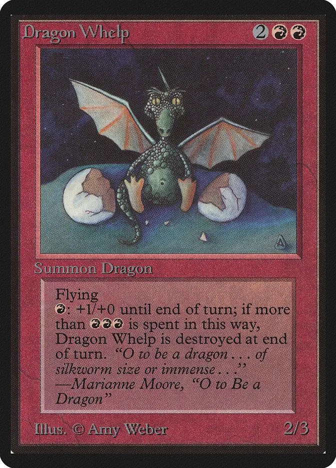 Green dragon whelp with orange wings on a dark, starry background.