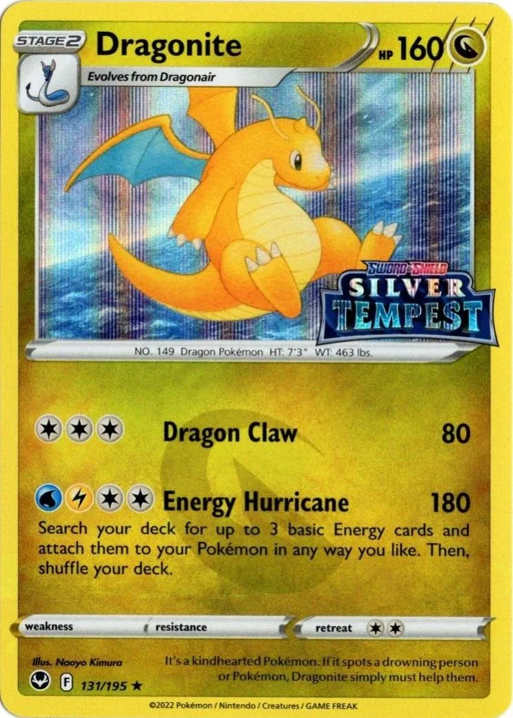 Orange dragon Pokémon card, Stage 2, Dragonite, Silver Tempest set.