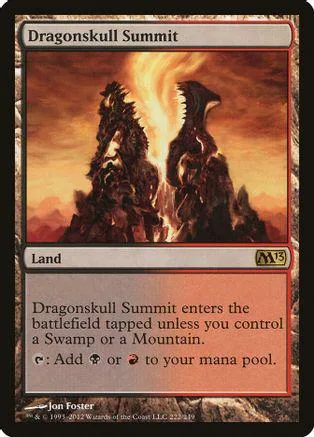 Dark, fiery mountains on a Magic: The Gathering land card.