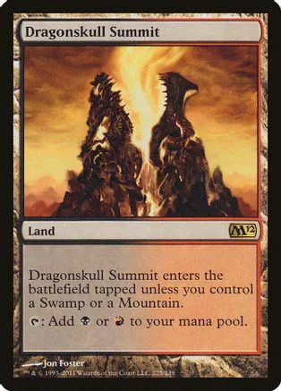 Dark, fiery mountains on a Magic: The Gathering Dragonskull Summit land card.