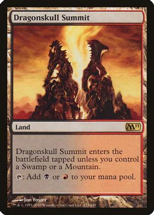 Fantasy landscape art card showing two dark, rocky mountains against an orange sky.