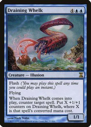 Red, serpentine creature on a blue and green fantasy landscape card.
