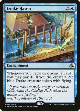 Drake Haven card art: dragons over water, brown and green tones. Enchantment type.