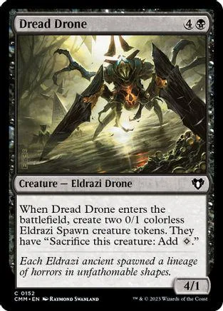 Dark, monstrous drone creature on a battlefield scene, black and green card art.
