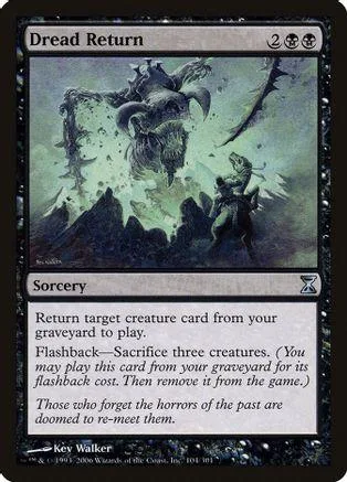 Dark fantasy art card, "Dread Return," showing shadowy figures in a misty landscape.