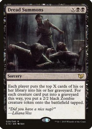 Dark fantasy art card featuring figures in a shadowy forest setting.