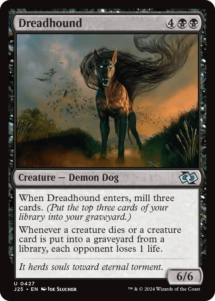 Dark, shadowy dog creature card art. Black, brown, and orange tones.