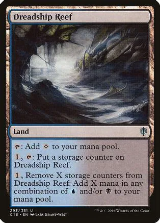 Dark, misty underwater scene on a black and blue land card.