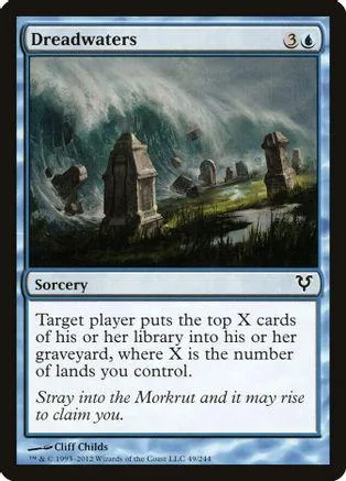 Dark, misty landscape with stone ruins on a blue Magic: The Gathering card.