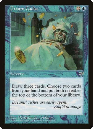 Blue and green Magic: The Gathering card, "Dream Cache," showing a figure sleeping.
